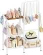 Floor-Standing 3-Tier Purse Organizer, High-Capacity Bag Holder with 8 Hooks, Multi-Functional Purse Rack for Various Bags, Handbag Display Stand Shelf for Closet, Bedroom, Entryway, White