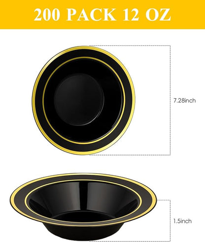 BESTSTAR 200 Pack Black Disposable Bowls with Gold Rim, 12oz Black Plastic Soup Bowls for Party, Wedding, Holiday,And Halloween