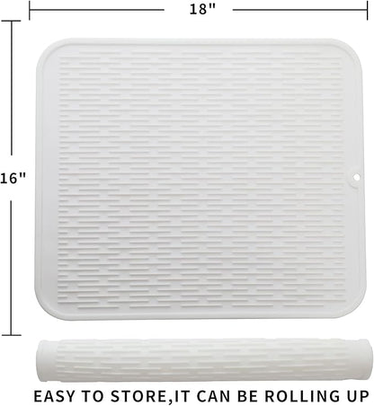 Silicone Dish Drying Mat for Multiple Usage,Easy clean,Eco-friendly,Heat-resistant Silicone Mat for Kitchen Counter or Sink,Refrigerator or Drawer Liner White XL 18 inches x 16 inches