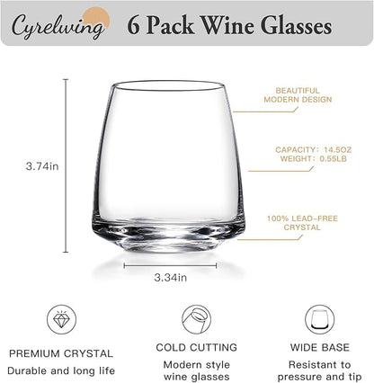 Stemless Wine Glasses Set of 6-14.5oz Hand Blown Heavy Red White Wine Glasses Unique gifts for him/her wedding, birthday, Mother's/father's day, anniversary
