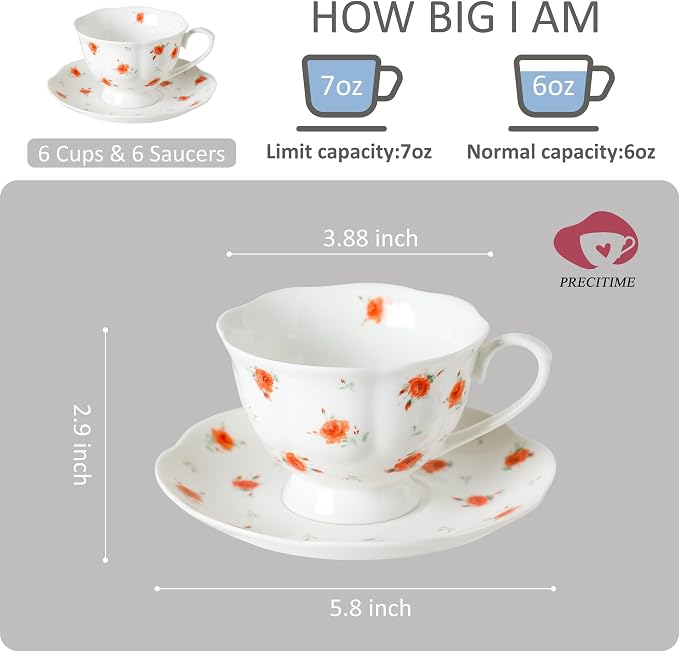 6oz Floral Porcelain Tea Cup & Saucer Set of 6, Rose Pattern | Elegant rose tea - Image 2