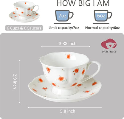 6oz Floral Porcelain Tea Cup & Saucer Set of 6, Rose Pattern | Elegant rose tea - Image 2