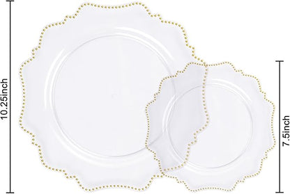 COLOSUS 100pcs Clear and Gold Plastic Plates Disposable Heavy duty Plastic Party Plates set Include 50 dinner plate and 50 dessert/salad plate for party/wedding