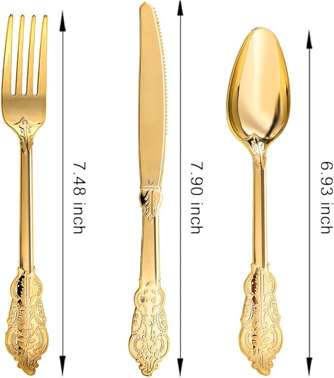 120PCS Gold Plastic Silverware, Vintage Disposable Utensils & Cutlery | 40 - Image 2