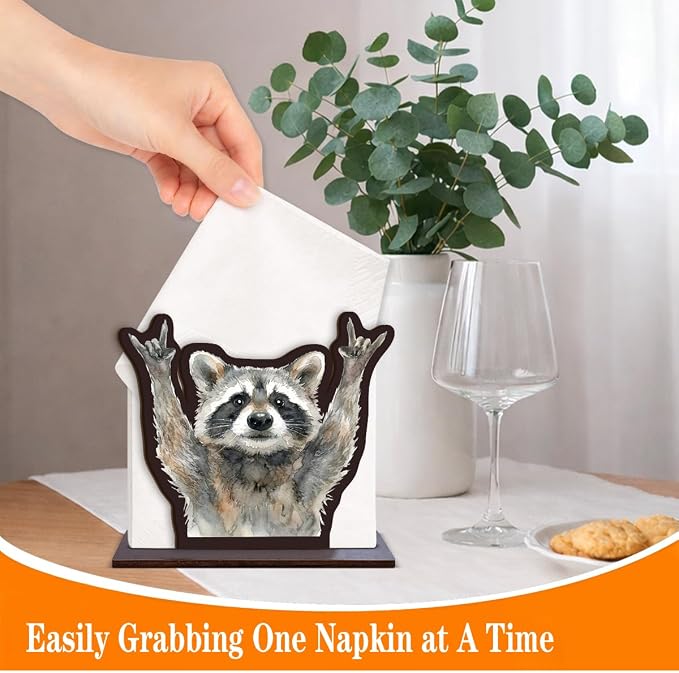 Funny Raccoon Napkin Holder for Table, Cute Raccoon Raising Hands Design Wooden - Image 3