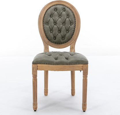 Ball & Cast French Vintage Upholstered Dining Chairs Set of 2, Button Tufted Kitchen Side-Chairs with Carved Antique Wood Frame & Nailhead Trims, PU-Leather Curved Backrest Louis Chair, PU Green