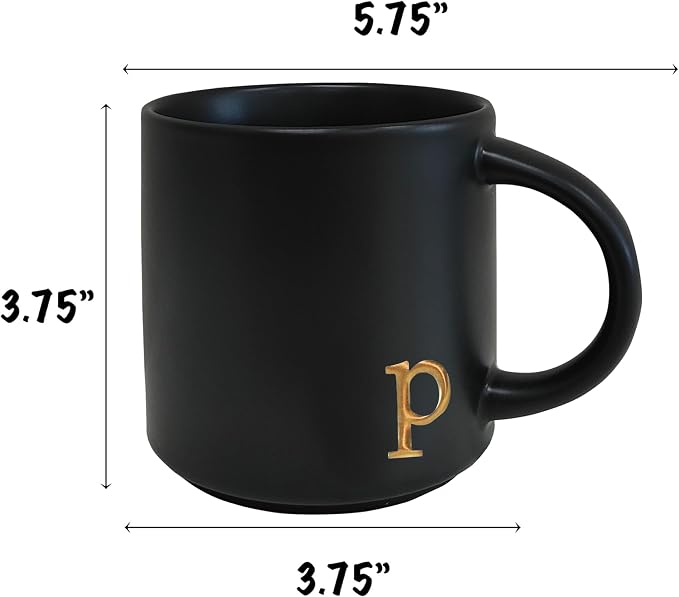 COLLECTIVE HOME Black Ceramic Coffee Mug, 15 oz Golden Monogram Tea Cup | - Image 4