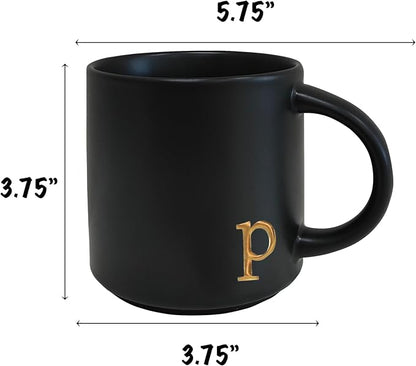 COLLECTIVE HOME Black Ceramic Coffee Mug, 15 oz Golden Monogram Tea Cup | - Image 4