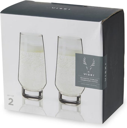 Viski Weighted Stemless Champagne Flutes - Modern Crystal Wine Martini Mimosa Cocktail Glasses Round Footed Base, Bar Fluted Glassware, Housewarming Wedding Champagne Gift - Set of 2, 9.5oz, Clear