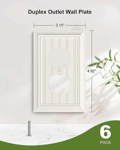 6-Pack Classic Beadboard Duplex Outlet Cover Plate, Decorative Light Almond Switch Plates and Outlet Covers, Natural Bamboo Fiber Wall Plates for Electrical Outlets, 1 Gang Receptacle Cover