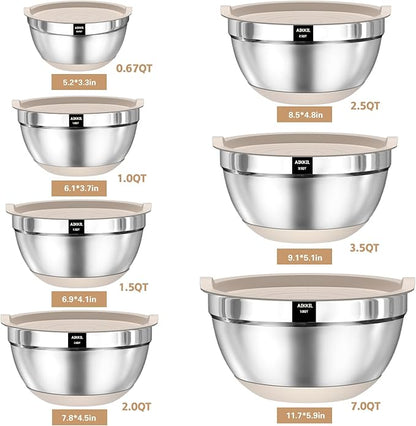 Mixing Bowls with Airtight Lids, 20 piece Stainless Steel Metal Nesting Bowls, Non-Slip Silicone Bottom, Size 7, 3.5, 2.5, 2.0,1.5, 1,0.67QT Great for Mixing, Baking, Serving (Khaki)