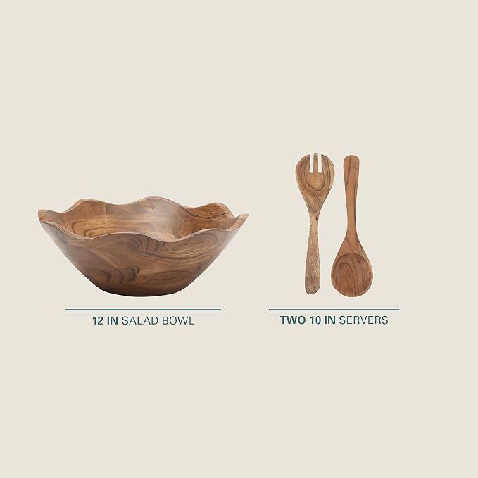 Gibson Home Sandhurst 3-Piece Acacia Wood Salad Bowl Set – 12-Inch Scalloped - Image 2