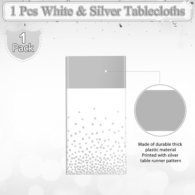 MASHAN 1Pcs White Silver Tablecloth Party Decorations, Plastic White Table - Image 2