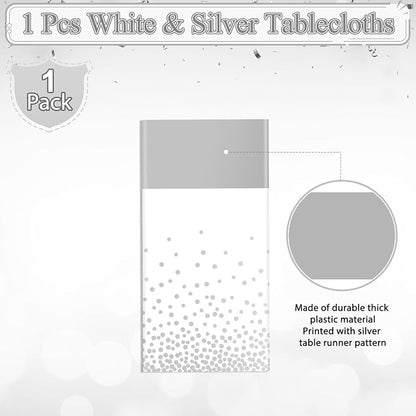 MASHAN 1Pcs White Silver Tablecloth Party Decorations, Plastic White Table - Image 2