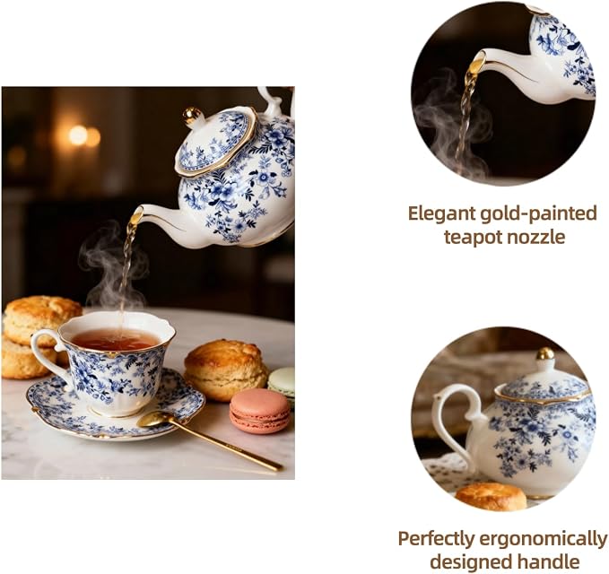 Vintage Porcelain Floral Tea Set — 22oz Teapot + 2 Tea Cup & Saucer Sets + 2 - Image 9