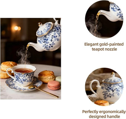 Vintage Porcelain Floral Tea Set — 22oz Teapot + 2 Tea Cup & Saucer Sets + 2 - Image 9