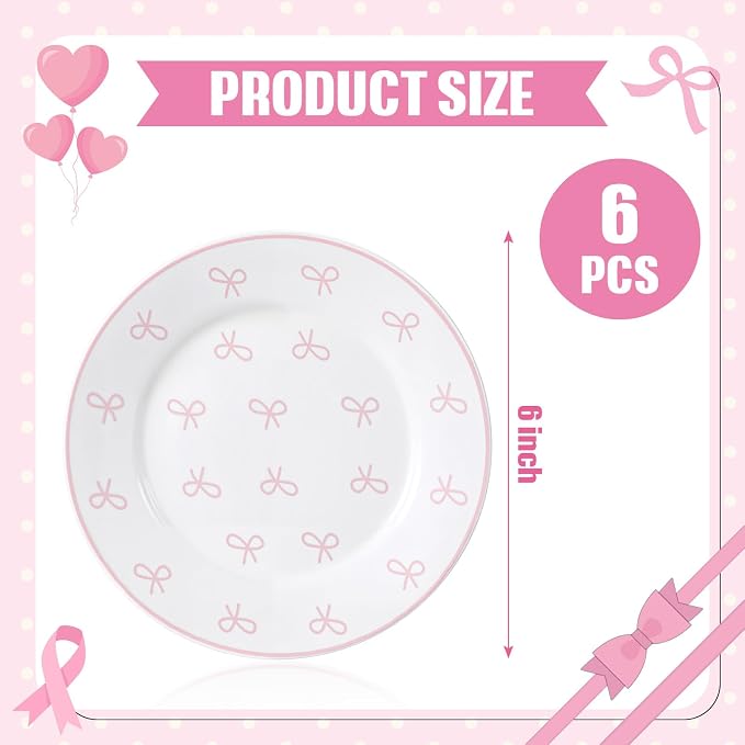 Honeydak 6 Pcs 6 Inch Pink Bow Ceramic Plates Coquette Bachelorette Tableware - Image 2