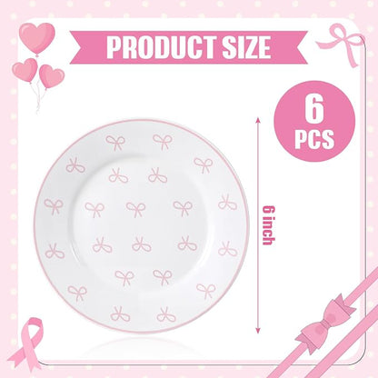 Honeydak 6 Pcs 6 Inch Pink Bow Ceramic Plates Coquette Bachelorette Tableware - Image 2