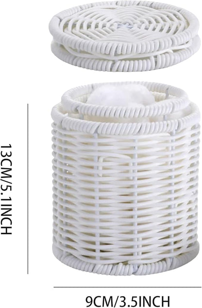 Rattan Jars,Decorative Storage Boxes with Lids,Rattan Bathroom Accessories,Rattan Desk Organizer,for Office,Dressing Table,Dental floss picks, cotton swab holders Home Decoration,White（DP056）