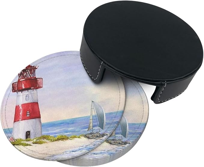 6 Pcs Coastal Lighthouse Leather Coasters - Image 5