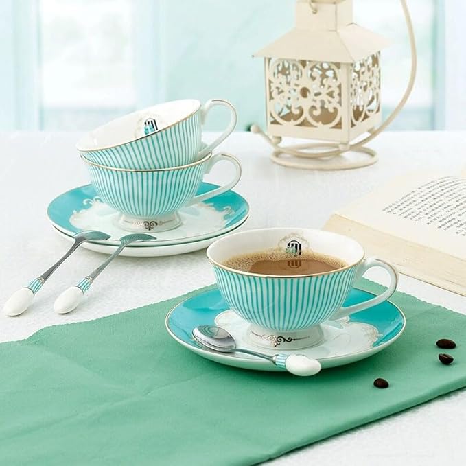 Ceramic Cup& Saucer Set, 6.8oz- Blue Stripe Pattern - Image 6