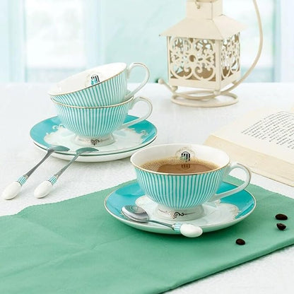 Ceramic Cup& Saucer Set, 6.8oz- Blue Stripe Pattern - Image 6