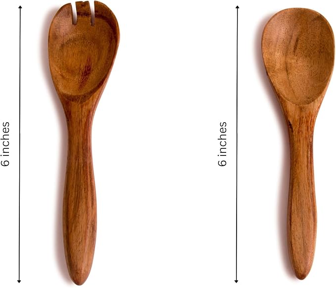 6 Inch Acacia Wood Salad Server Set Wooden Mixing Tongs Dinner Fork & Spoon - Image 2