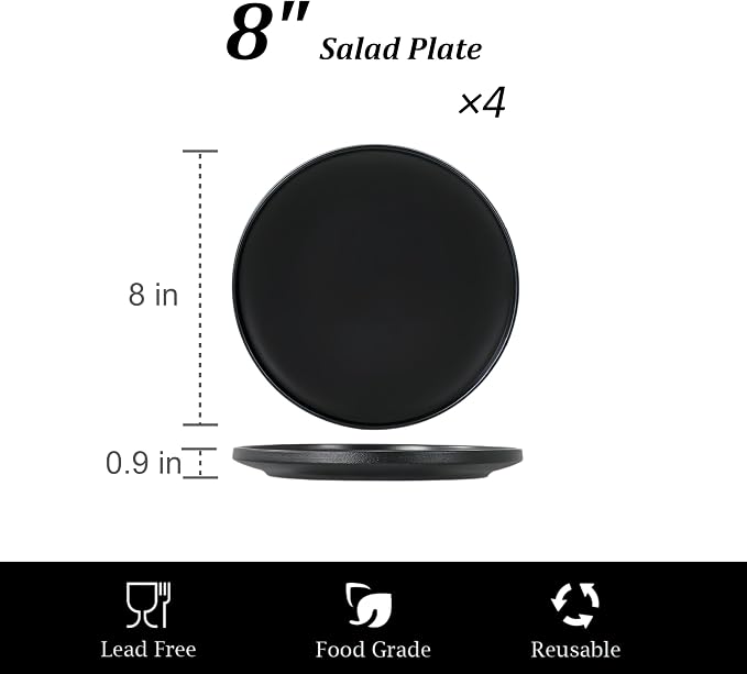 Ceramic Salad & Dessert Plates Set, 8 Inch, Modern Black | Stoneware, - Image 3