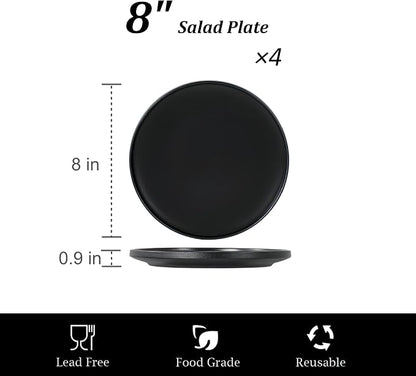 Ceramic Salad & Dessert Plates Set, 8 Inch, Modern Black | Stoneware, - Image 3
