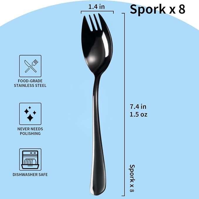 Alata Black Mirror Sporks 8-Pack Set Stainless Steel Sporks, 7.4 Inches Long - Image 3