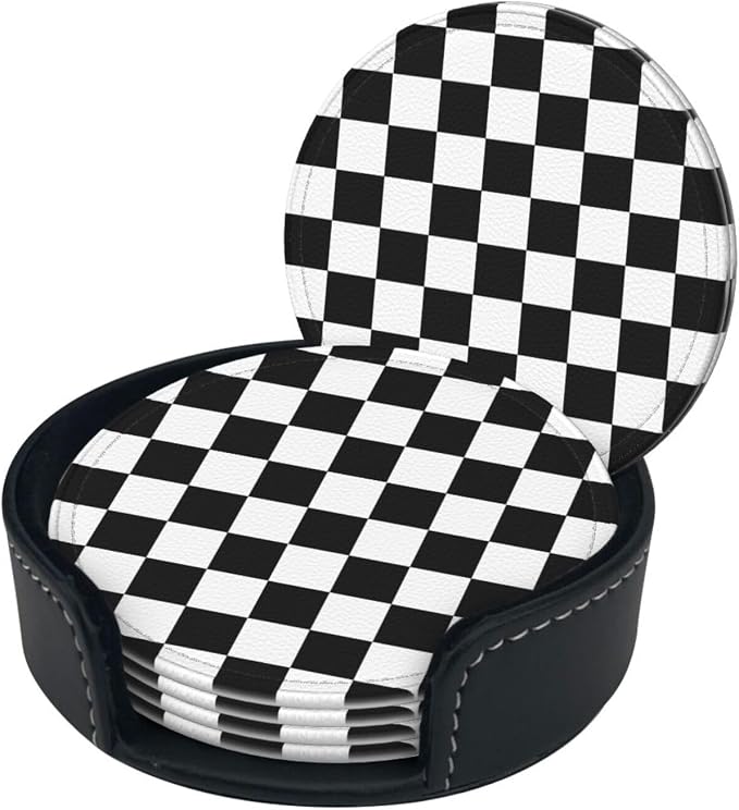 Drink Coasters with Holder Stand Set of 6 Black and White Checkerboard Pu - Image 8