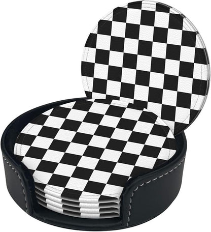 Drink Coasters with Holder Stand Set of 6 Black and White Checkerboard Pu - Image 8