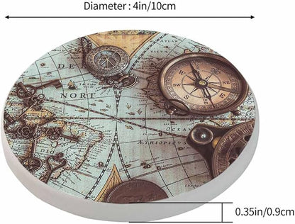 Antique Pirate Rare Items Cup Coasters for Table Retro Compass Vintage Skeleton Key World Map Adventure Reusable Drink Coasters Set 2 Pcs Coffee Home Farmhouse Living Room Bar Decor