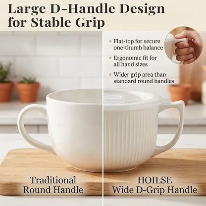 Ceramic Soup Bowl with Handle & Lid, Large 32oz Microwave Ramen Bowl Gray | - Image 5