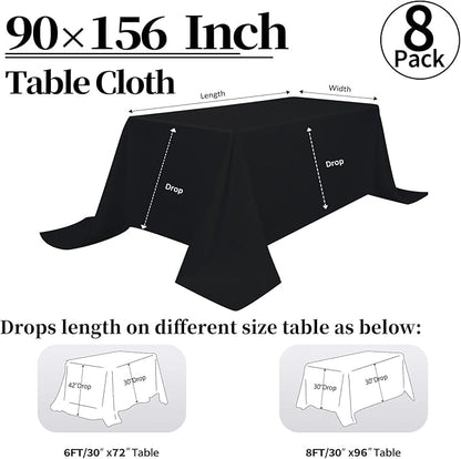 8 Pack Black Tablecloth 90 x 156 Inch Rectangular Table Cloth for 8 Foot Rectangle Tables, Wrinkle Resistant Washable Polyester Fabric Table Covers for Wedding Party Banquet Buffet and Camping