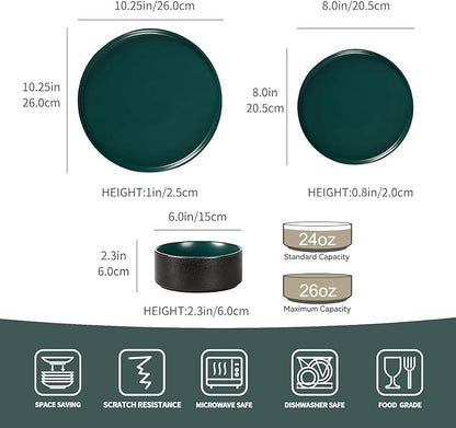 GZG Classic Series - Plates and Bowls Set for 2, 6 Piece Stoneware Dinnerware Sets, Microwave and Dishwasher Safe Lead-Free Handcrafted Ceramic Dishes Set - Malachite Green
