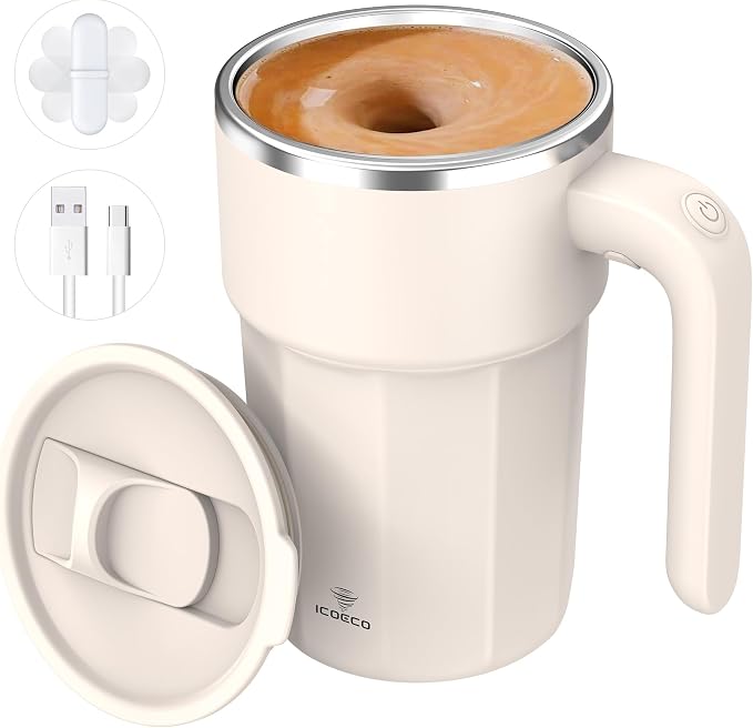 Self Stirring Coffee Mug, 12oz Rechargeable Magnetic Mixing Cup, 316 Stainless by ICOECOSmartDrinkware