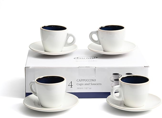 Bacimi® Cappuccino Cups and Saucers Set of 4 – 8.7oz Thick Barista Style by Bacimi