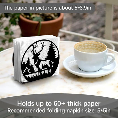 Deer Forests Decorative Black Metal Napkin Holder for Table, 5.3" x 4.8" x 2" Forest Animal Tree Standing Napkin Holder for Home Kitchen Restaurant Picnic Party Coffee Bar Dining Room