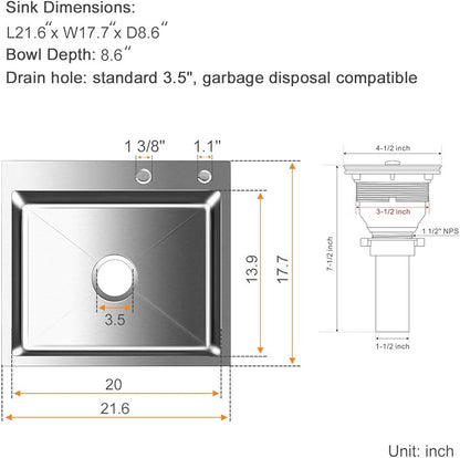 ROVATE 21.6-inch Drop-in Topmount Kitchen Sink, 304 Stainless Steel Kitchen Sink Single Bowl, Handmade Bar Sinks Overmount