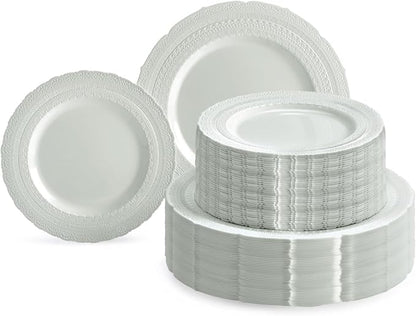 " OCCASIONS " 120 Plates Pack,(60 Guests) Extra Heavyweight Vintage Wedding Disposable/Reusable Plastic Plates 60 x11'' Dinner +60 x 8.25'' Salad/Dessert Plate (Chatesau Light Gray)