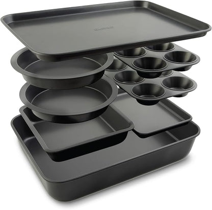 Elbee Home 8-Piece Nonstick Aluminized Steel, Space Saving Baking Set, With Deep Roasting Pan, Cookie Sheet, Cake Pans, Muffin Pans and Baking Pan PFOA & PFOS Free, Holiday Gift for Her