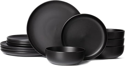 12-Piece Stoneware Dinnerware Set with Mugs | Microwave and Dishwasher Friendly | Stackable Matte Glaze Plates & Bowls | Service for 3 (Black for 4)