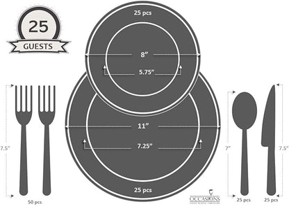 " OCCASIONS " 150pcs set (25 Guests)-Extra Heavyweight Vintage Wedding Disposable/Reusable Plastic Plates -25 x 11'' + 25 x 8.25'' +Silverware (Chateau Collection in Light Gray)