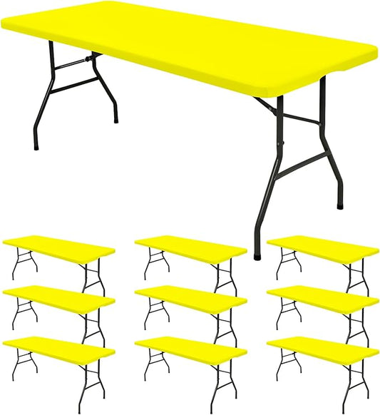 10 Pack Fitted Tablecloth for 8 Foot Rectangle Tables, Yellow Elastic Outdoor Picnic Table Cover, Washable Stretch Folding Table Cloths 8 ft for Camping Party Patio Kitchen Banquet, 30" W x 96" L