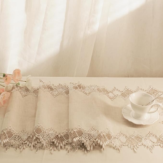 Phantomon Neutral Linen Table Runner 72 Inches Beige Embroidered Runner Lace - Image 6
