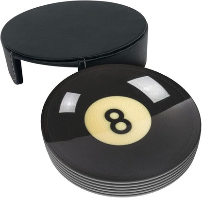 Black 8 Billiard Coasters for Drinks with Holder Round Leather Coasters Set of 6 Cups Mugs Mat Pad for Home Kitchen Bar
