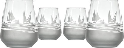 Rolf Glass Regatta Stemless Wine Tumbler 15.75 ounce | Proudly Made in the USA | Set of 4 Nautical Stemless Wine Glasses | Lead-Free Glass | Etched Tumbler Glasses
