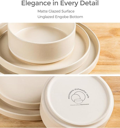 TheTerra Ceramic Dinnerware Sets for 8, 24 Pieces Handmade Reactive Glaze Plates and Bowls Set, Scratch Resistant Dish Set, Oven & Microwave & Dishwasher Safe, Matte White