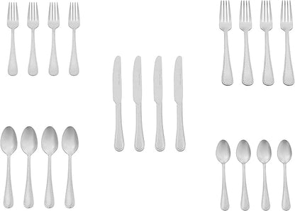 Amazon Basics Silverware Set, Stainless Steel Flatware, Dishwasher Safe, Service for 4, 20-Piece Forks and Spoons, Pearled Edge